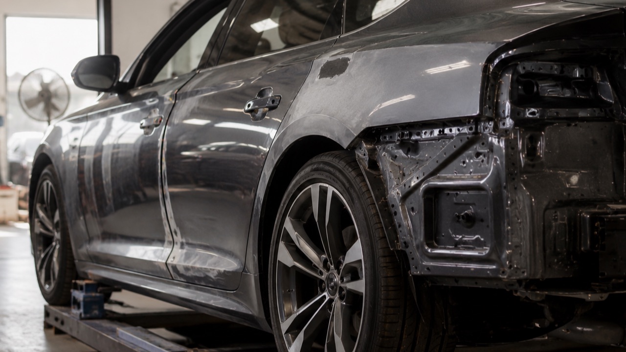 A vehicle being repaired in the Andrew's Collision workshop.