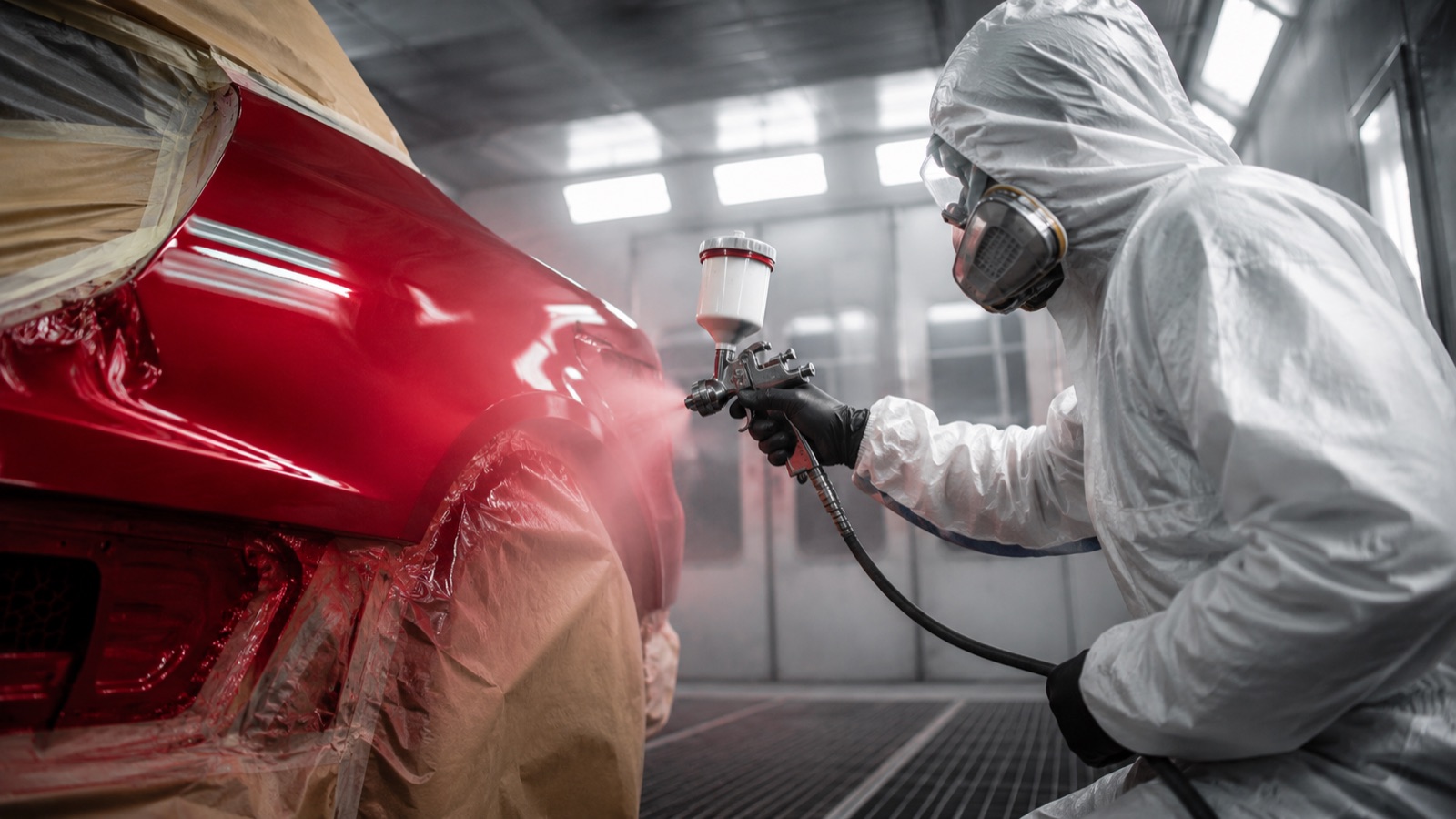 A modern spray booth at Andrew's Collision Auto Repairs, where paint overspray is captured through a double-filter system before air is released